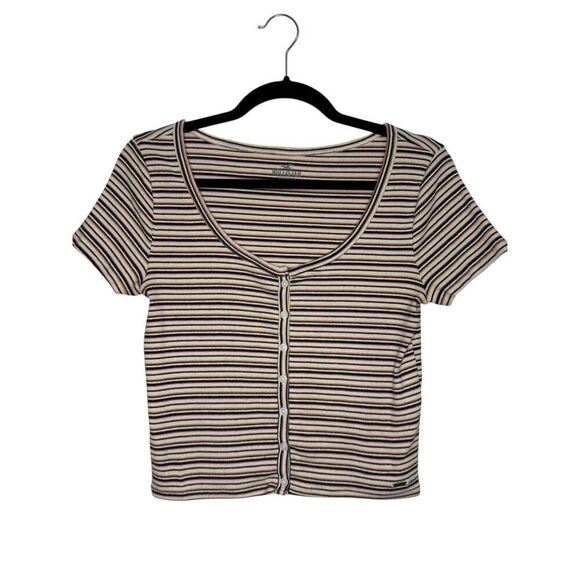 Hollister Women’s Medium Baby Tee Striped Button Cropped 90s Inspired - Picture 1 of 5